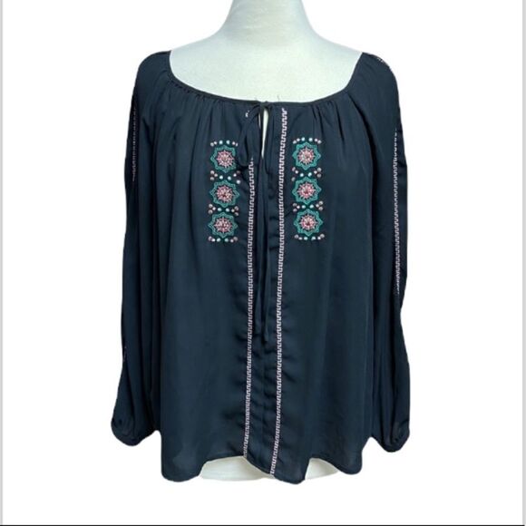GB Black Sheer Embroidery Tie Front Blouse - Picture 1 of 6